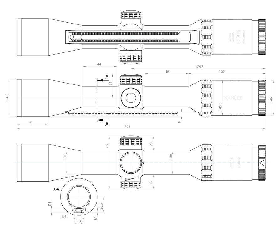 Kahles Helia 1,6-8x42i Maße mit Schiene