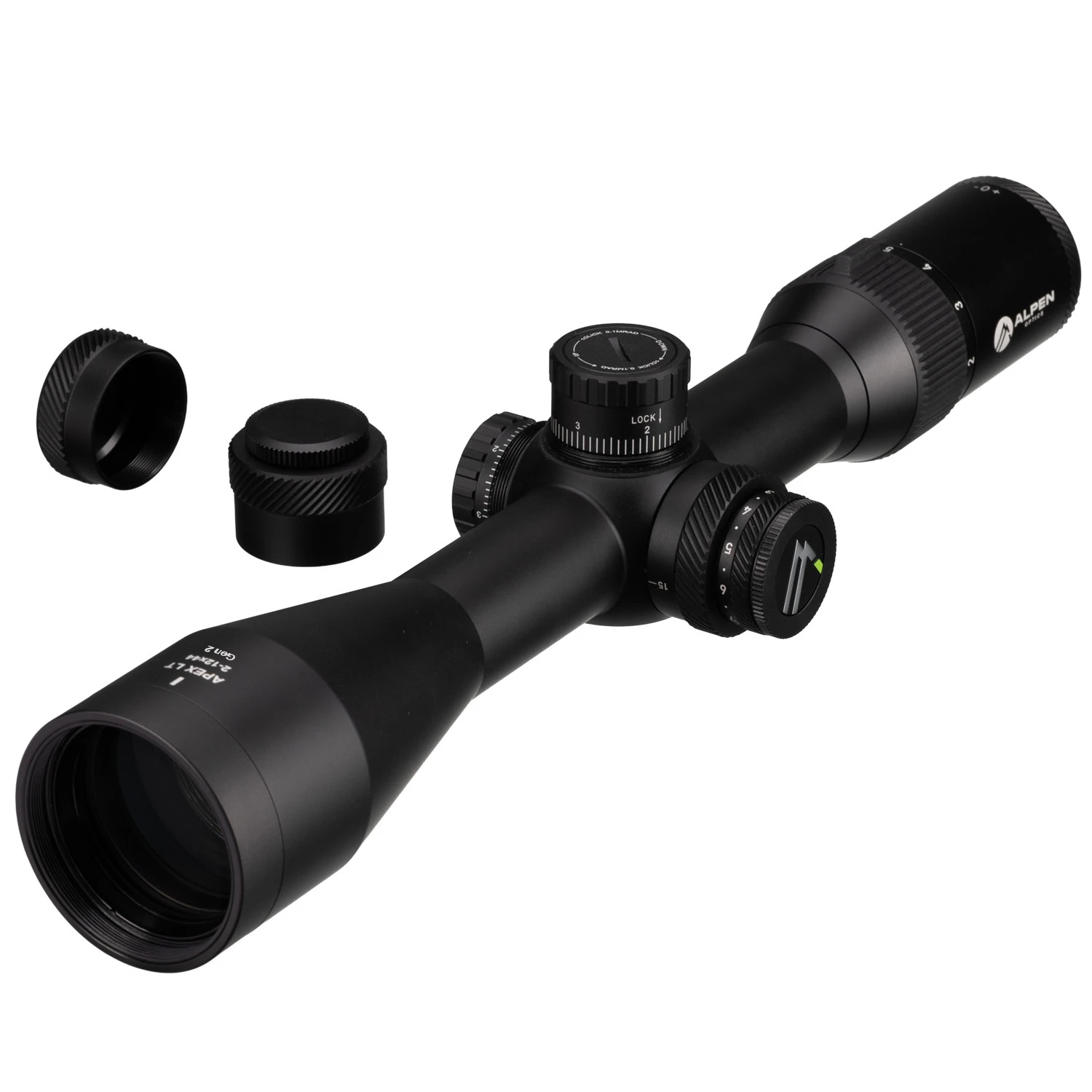 Alpen Optics Apex LT 2-12x44 A4 Gen 2 seitlich vorne mit Kappen