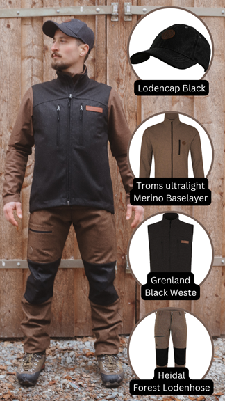 Hedlund Kombi: Cap, Troms Baselayer Forest, Grenland Black Weste, Heidal Forest Hose Hedlund Kombi: Cap, Troms Baselayer Forest, Grenland Black Weste, Heidal Forest Hose