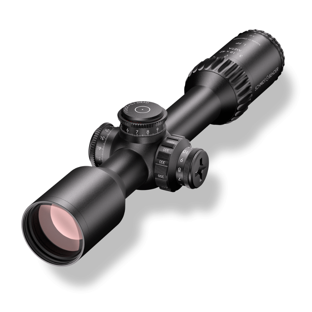 Schmidt und Bender 3-18x42 Meta FFP seitlich vorne links
