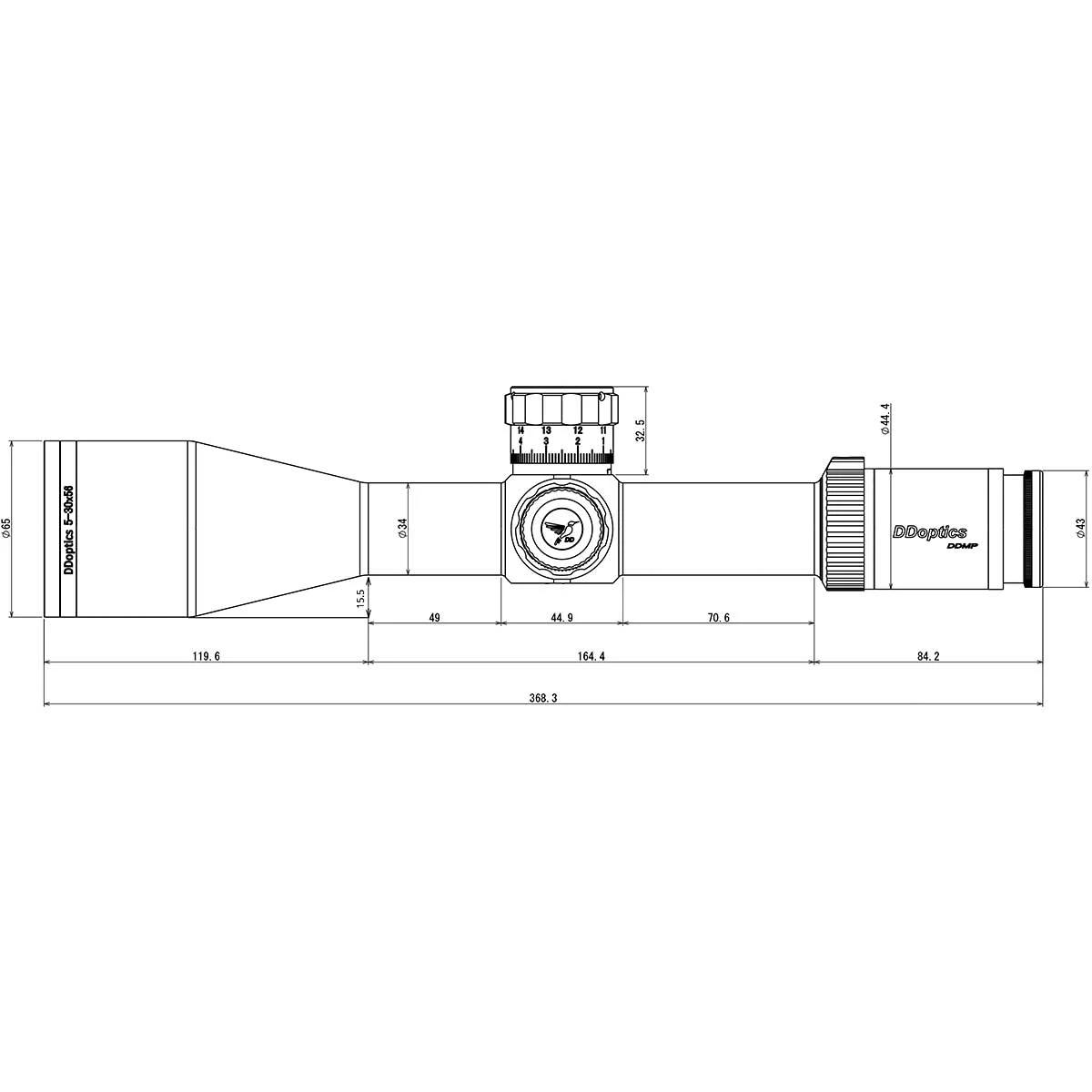DDoptics DDMP V6 5-30x56 Long Range MRAD Technische Zeichnung